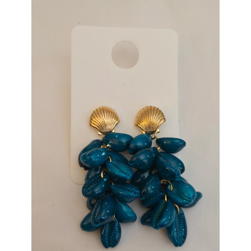 Jewelry Teal Blue Cowrie Shell Cluster Drop Earrings Gold Scallop